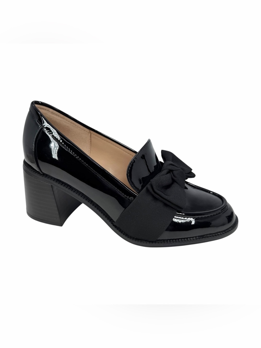 Bandolino Women's Korrar Bow Stacked Block Heel Loafers Black Patent Size 7.5W